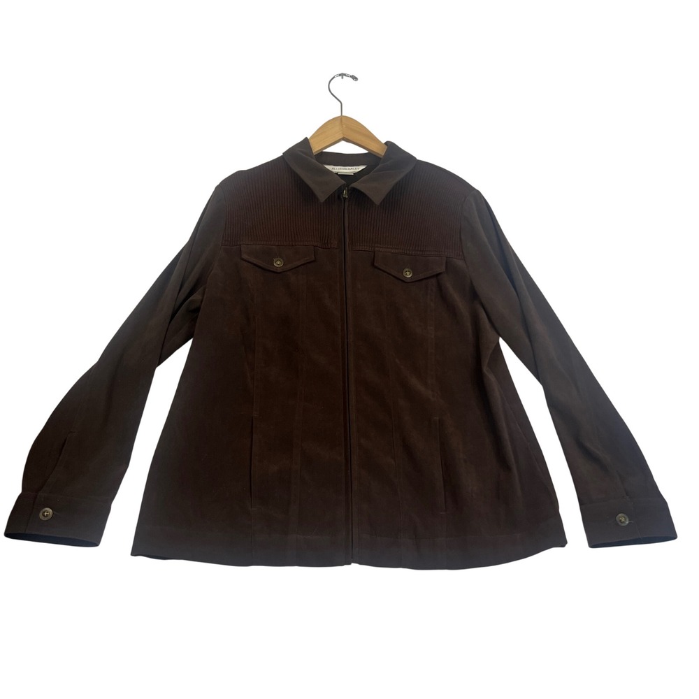 Allison Daley Brown Zip Up Jacket Ribbed Knit Yoke Faux Suede Size 12